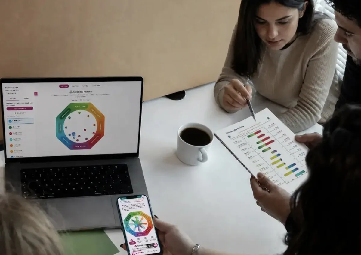 A bid team in a workshop reviewing their Lumina Spark results — the team map on a laptop, individual qualities on paper and the app on a phone